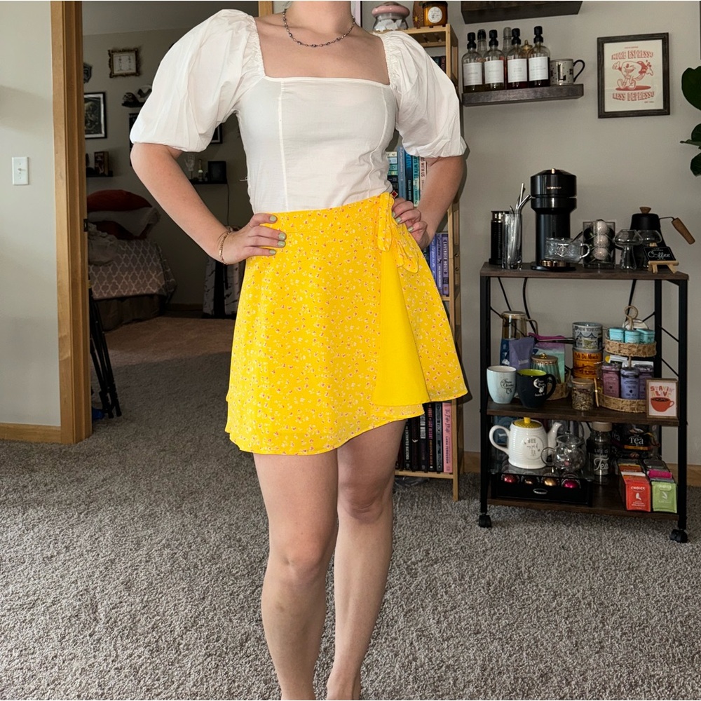 Yellow floral flowy mini wrap skirt